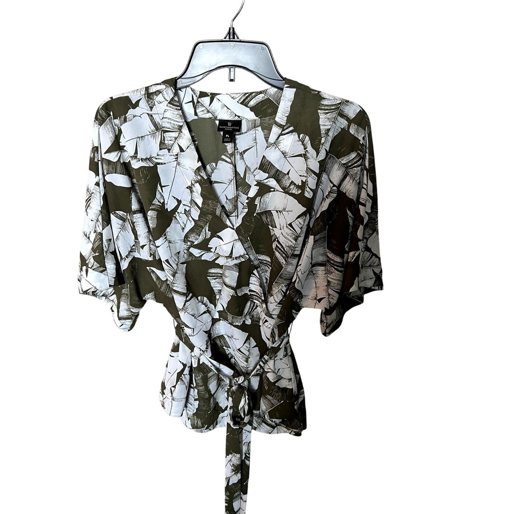 Worthington Petite XL Olive Green White Tropical Leaf Wrap Tie Waist Blouse Top